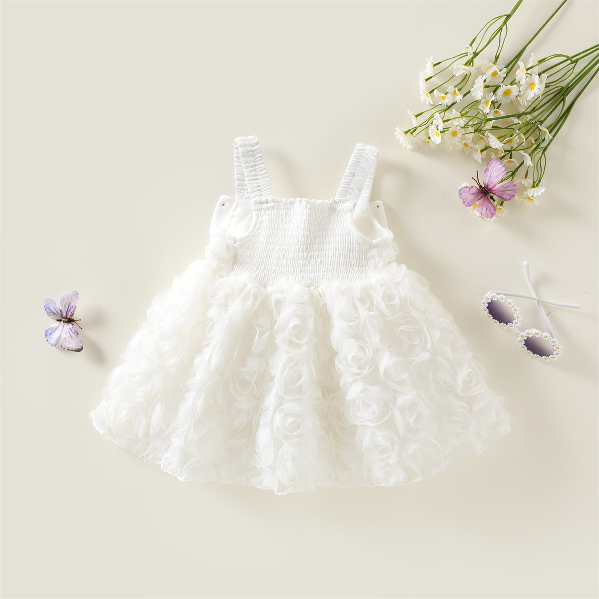 White 3D Rosette Smocked Party Frock – TYM-WZX-034