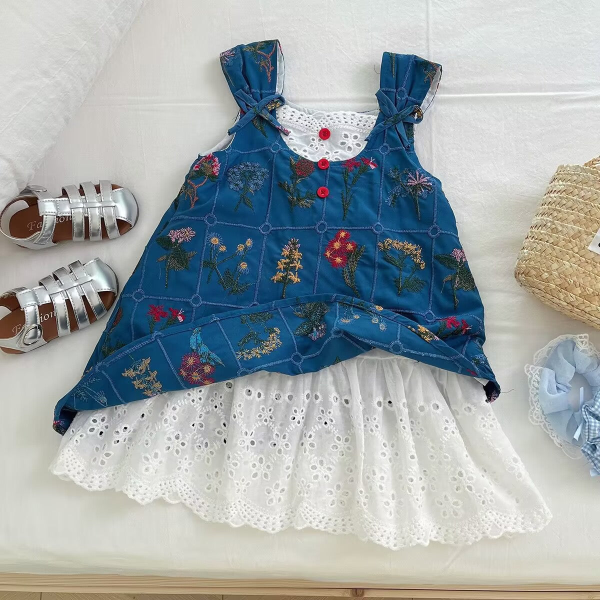 Blue Botanical Pinafore with White Eyelet Dress Set – TYM-YWL-060