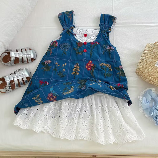 Blue Botanical Pinafore with White Eyelet Dress Set – TYM-YWL-060
