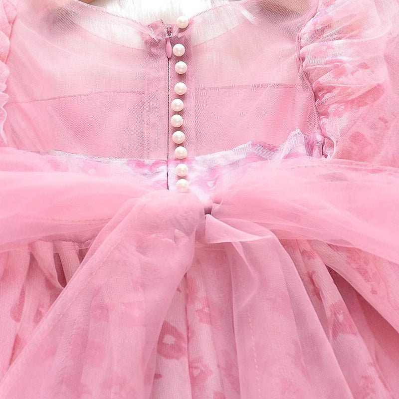 Pink Flocked Flower Tulle Party Frock – TYM-YWL-062