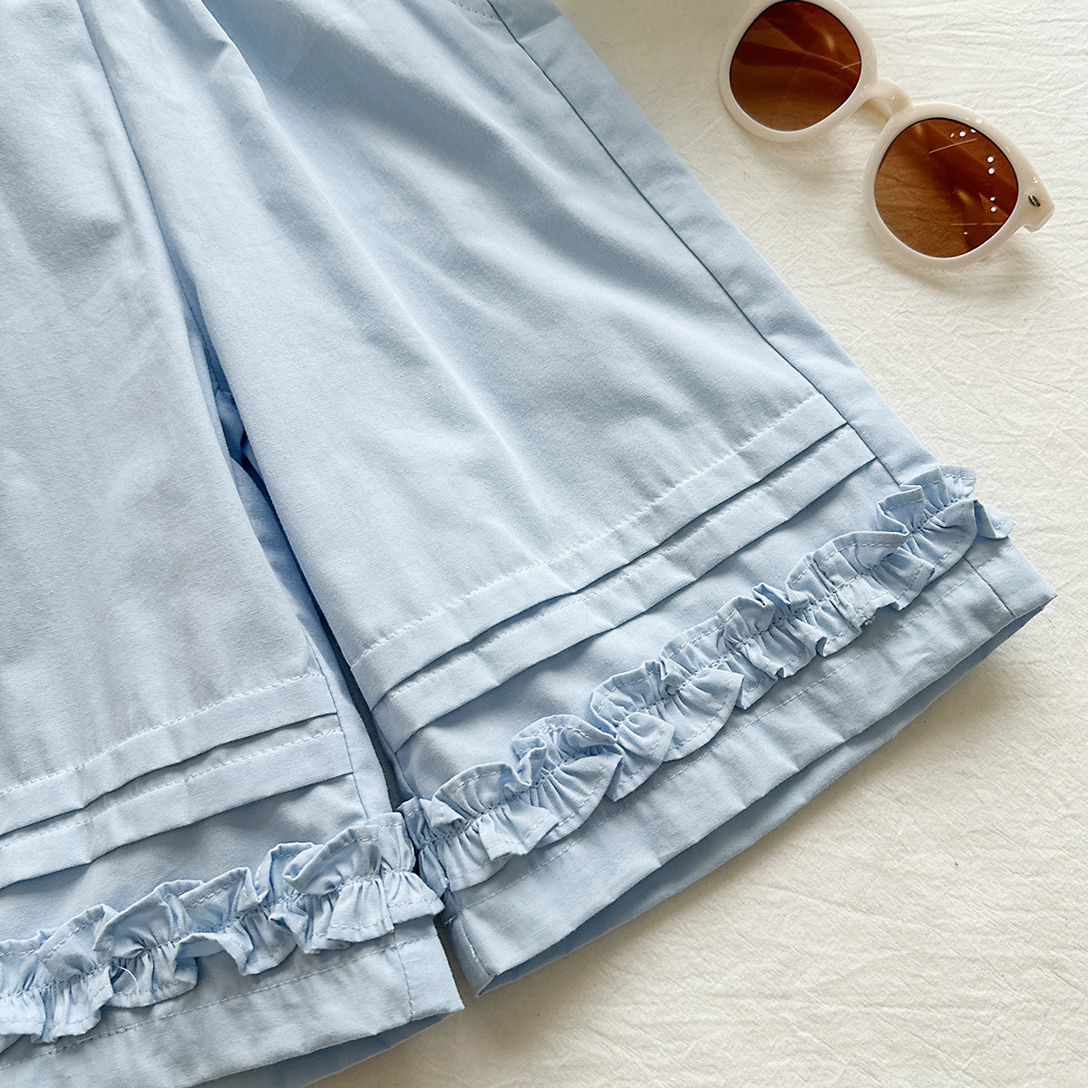 Cream Embroidered Ruffle Top and Blue Shorts Set – TYM-YWL-028