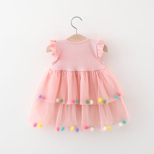 Pink Pom-Pom Two-Tier Tulle Frock – TYM-WZX-040