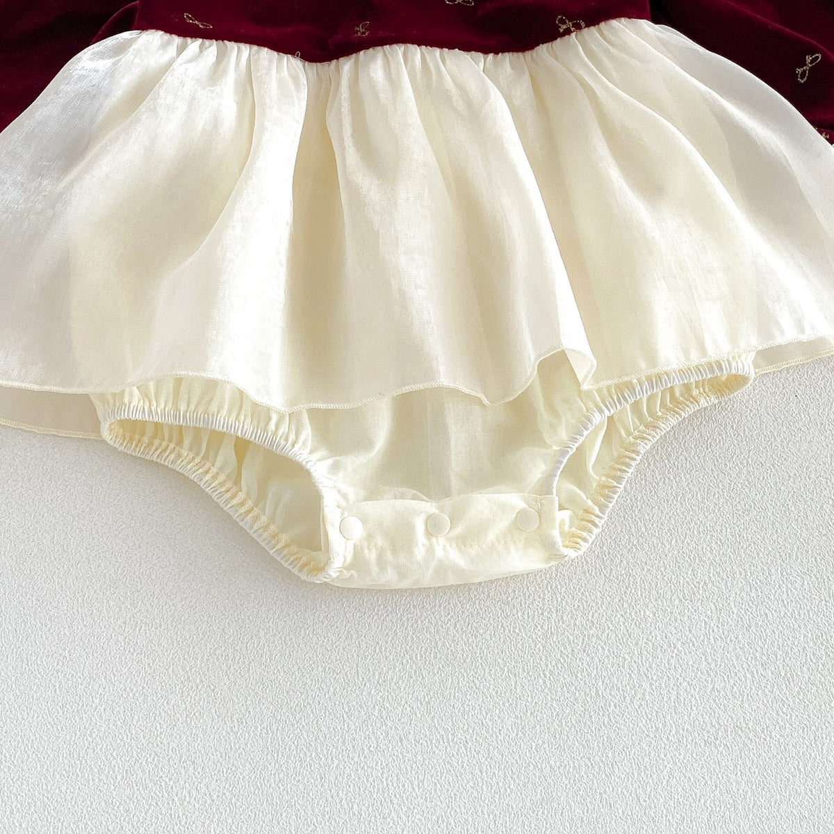 Wine Red Velvet Bow Print Skirted Romper – TYM-FCN-006