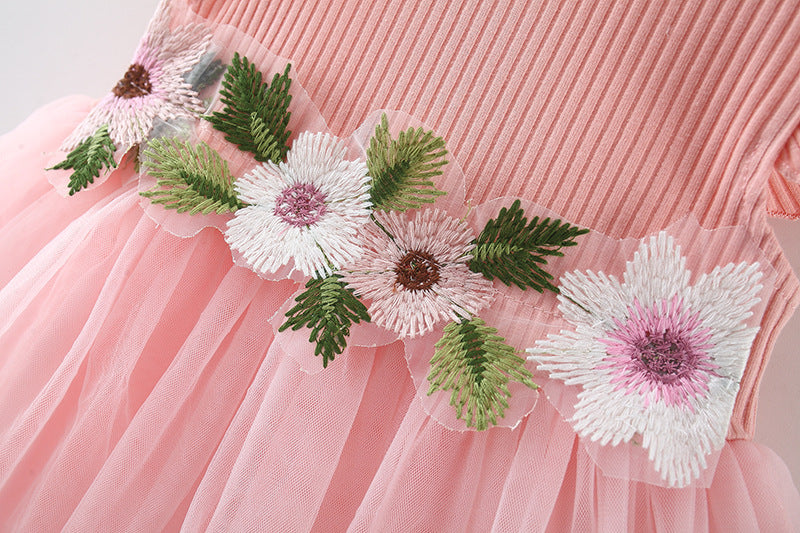 Pink Ribbed Flutter Sleeve Tulle Frock – TYM-TZO-008