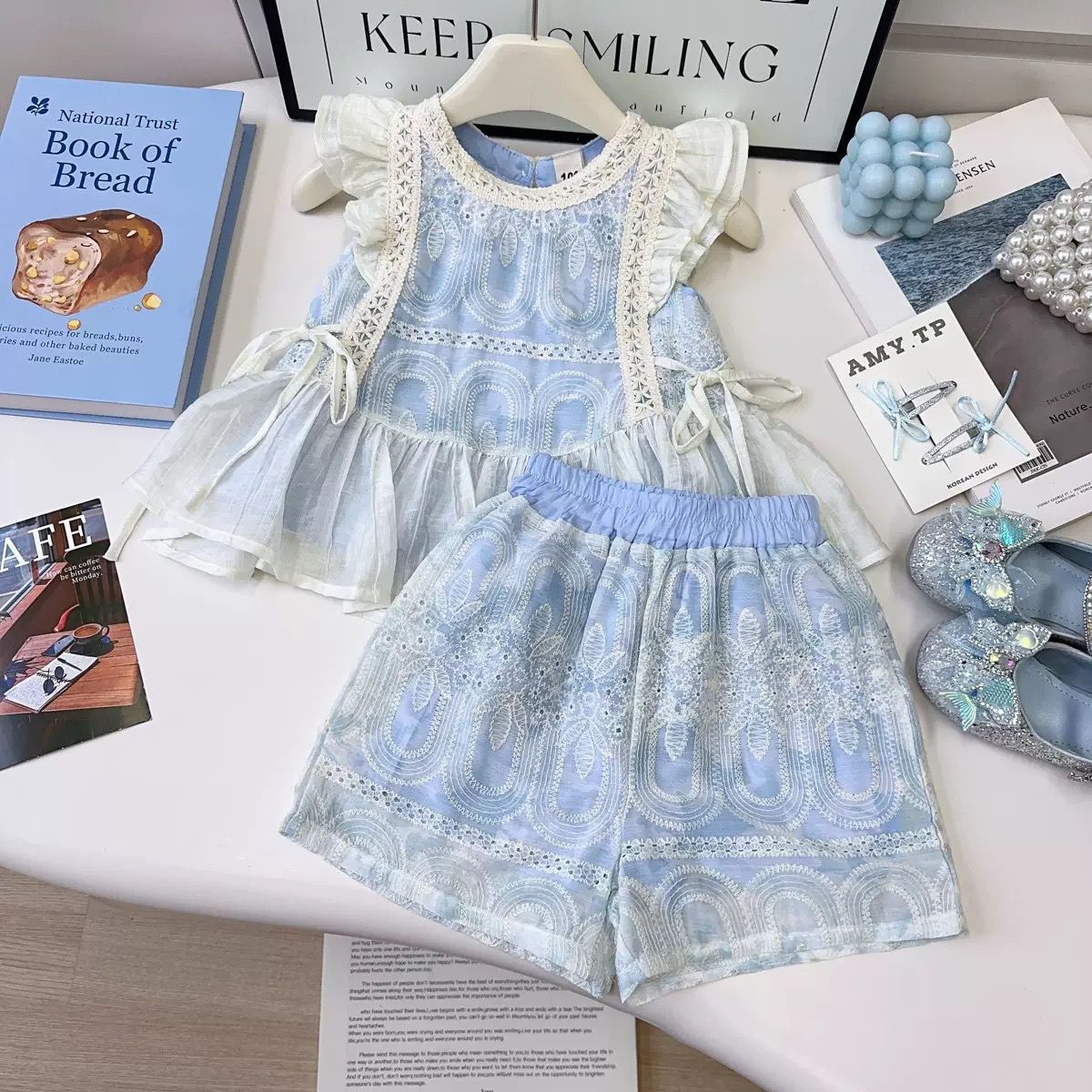 Blue Embroidered Frock with White Sheer Overlay – TYM-YWL-011