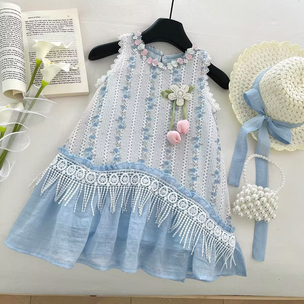 Blue Floral Lace Pearl Flower Frock – TYM-YWL-009