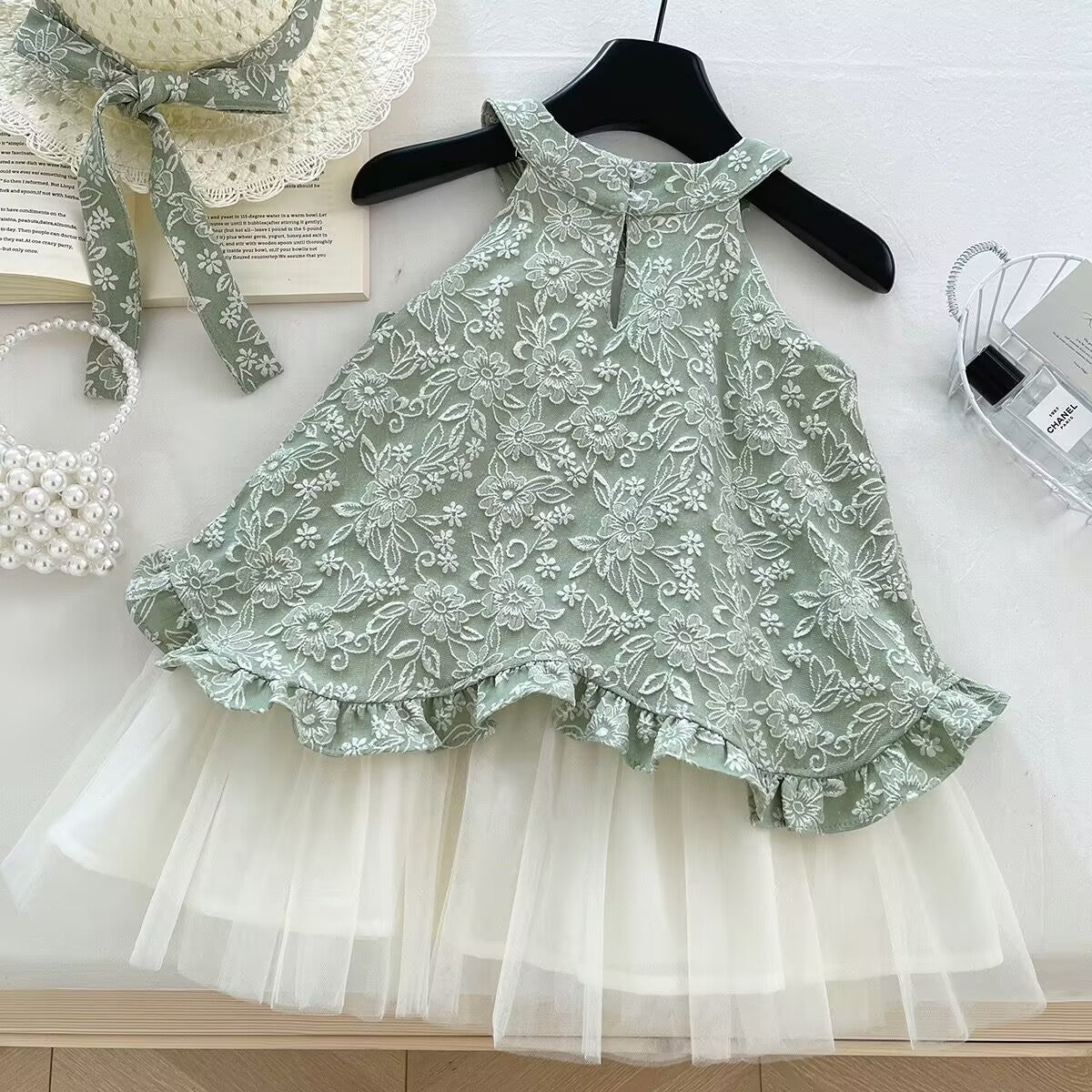 Sage Green Embroidered Halter Top and Tulle Skirt – TYM-YWL-053