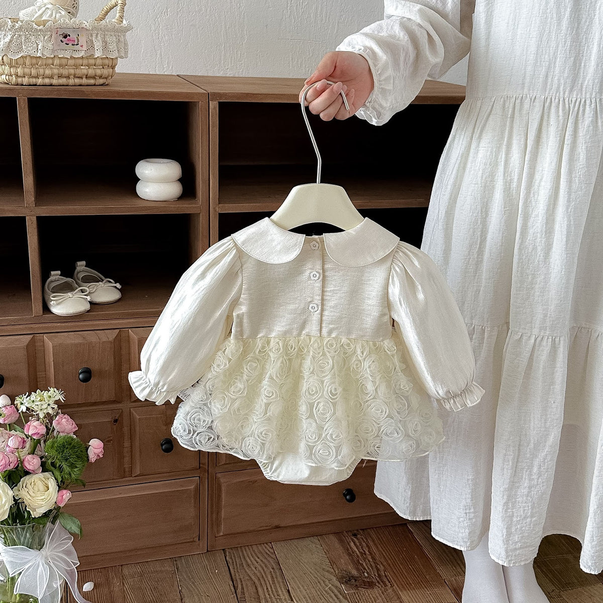 Cream Rosette Skirted Romper – TYM-FCN-016