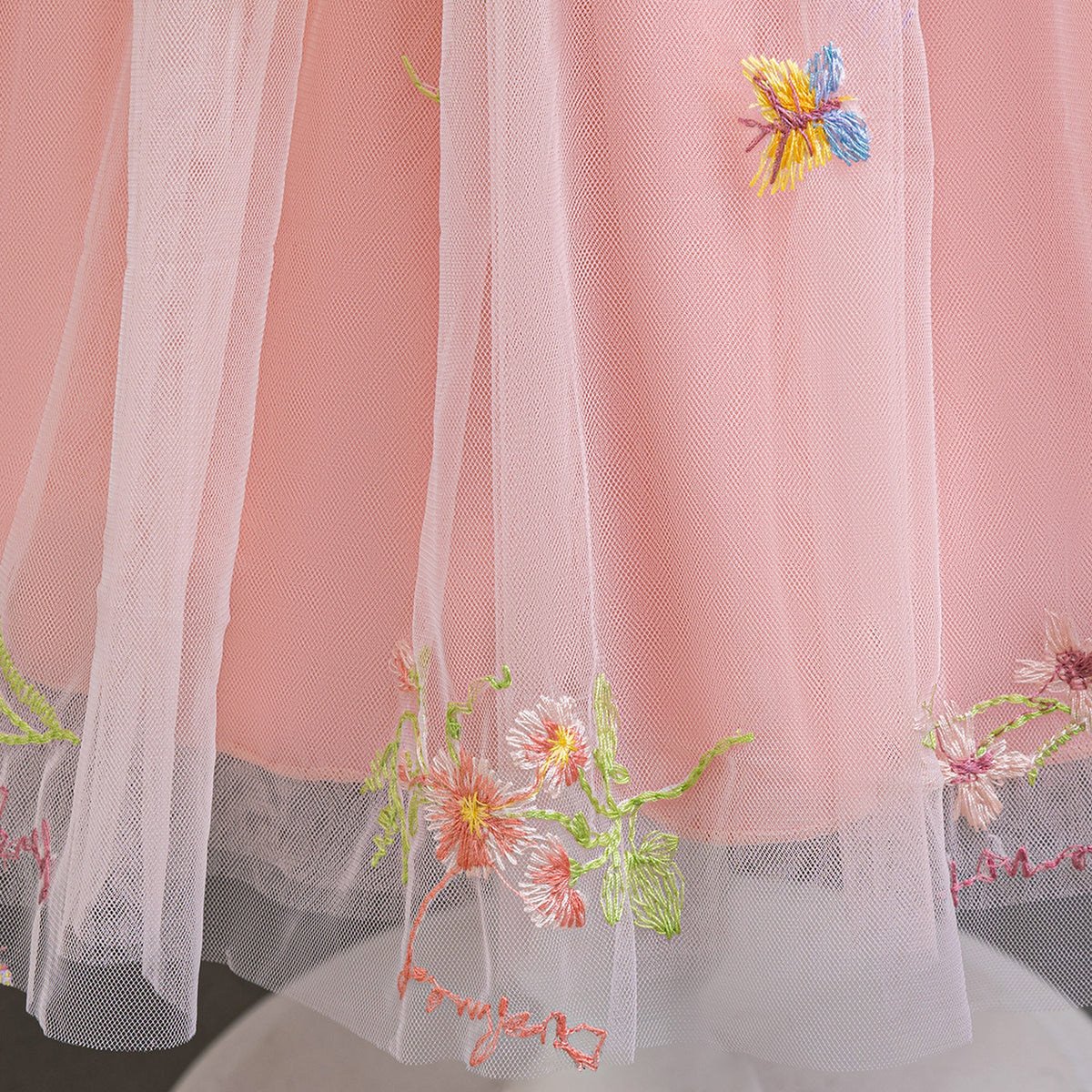 Peach Pink Lace Bodice Embroidered Tulle Party Frock – TYM-SLA-002