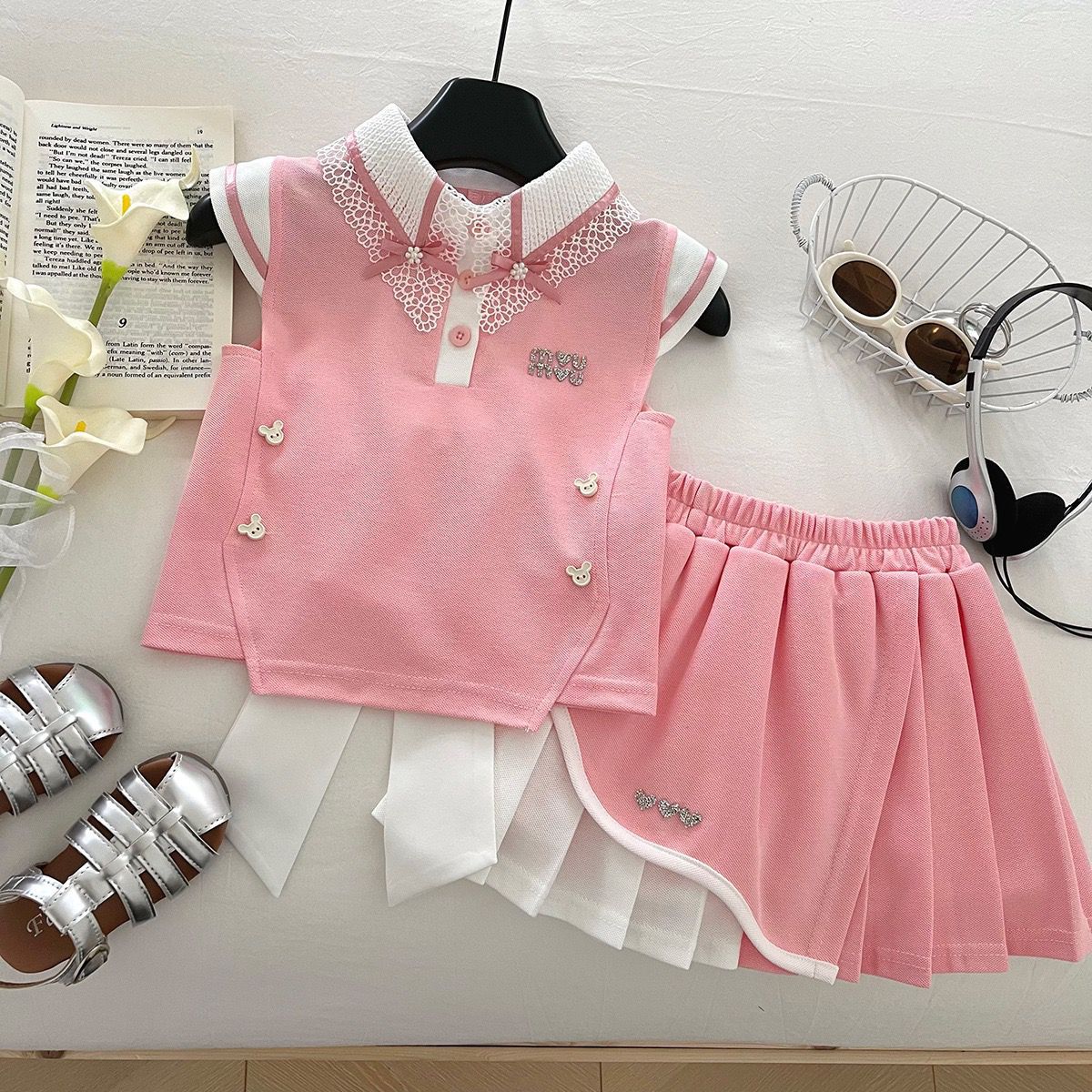 Pink Heart Back Bow Top and Pleated Skort Set – TYM-YWL-018
