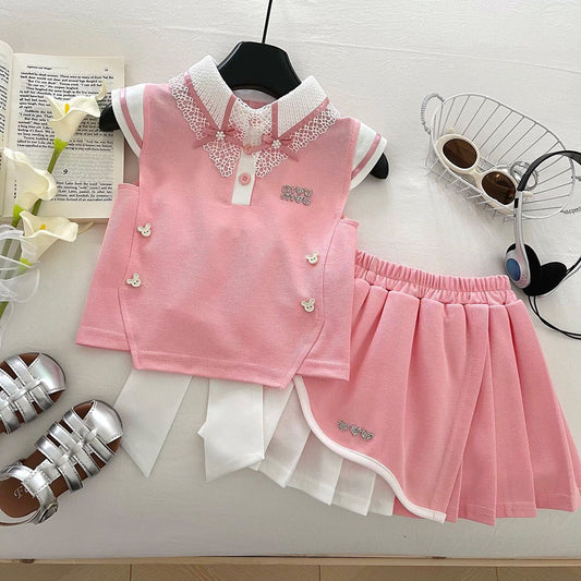 Pink Heart Back Bow Top and Pleated Skort Set – TYM-YWL-018