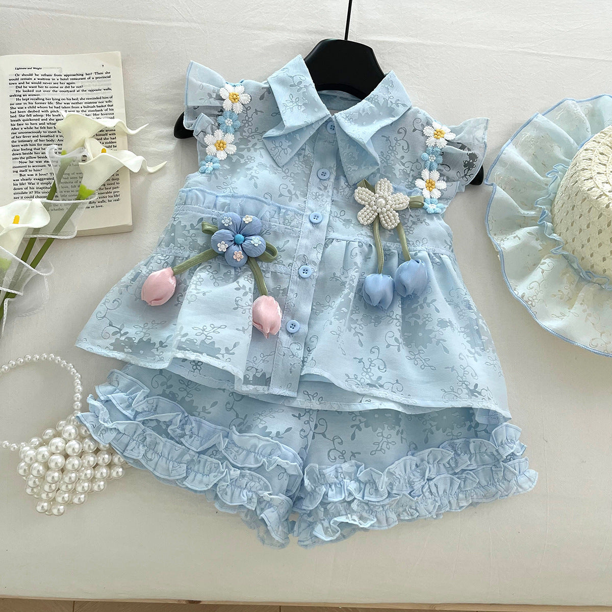 Sky Blue Floral Jacquard Top & Ruffle Shorts Set – TYM-WOP-001