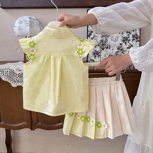 Lemon Yellow Daisy Trim Shirt and Pleated Skirt Set – TYM-YWL-044
