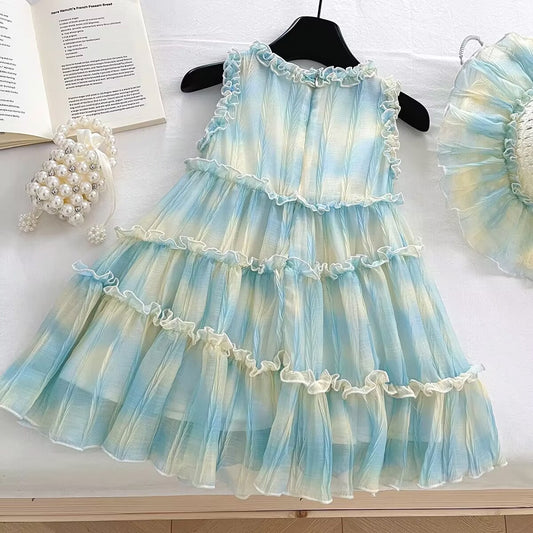Aqua and Lemon Tie-Dye Tiered Ruffle Frock – TYM-YWL-054