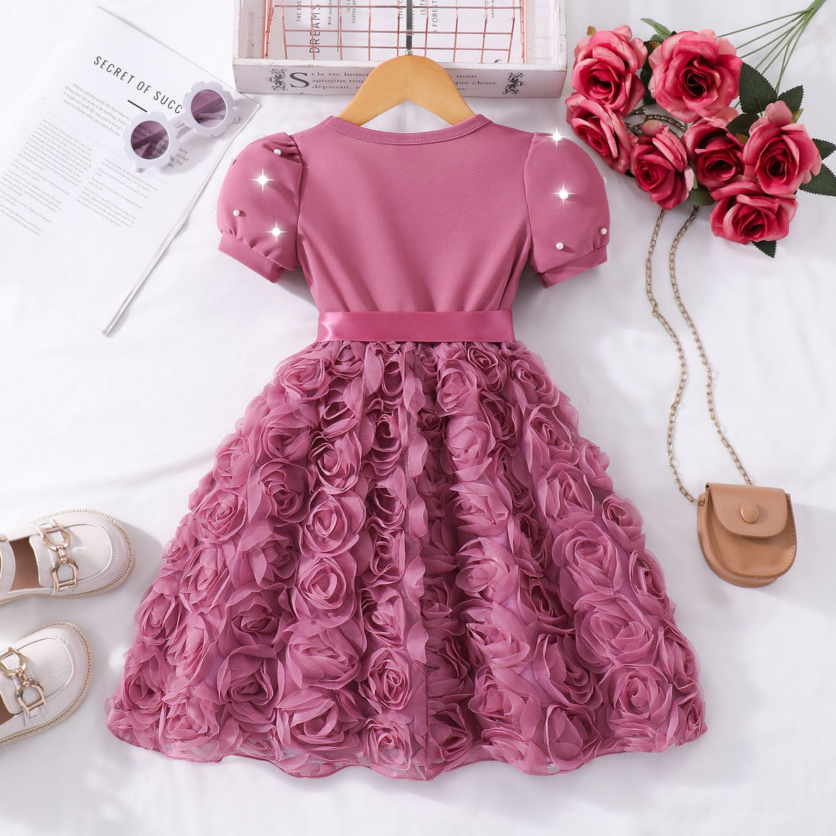 Mauve Pink Pearl Sleeve Rosette Skirt Frock – TYM-SZL-009
