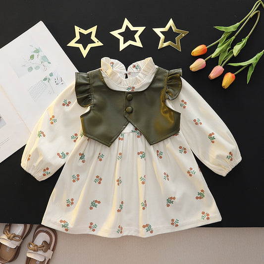 Olive Leather Vest & Floral Frock – TYM-CXM-087