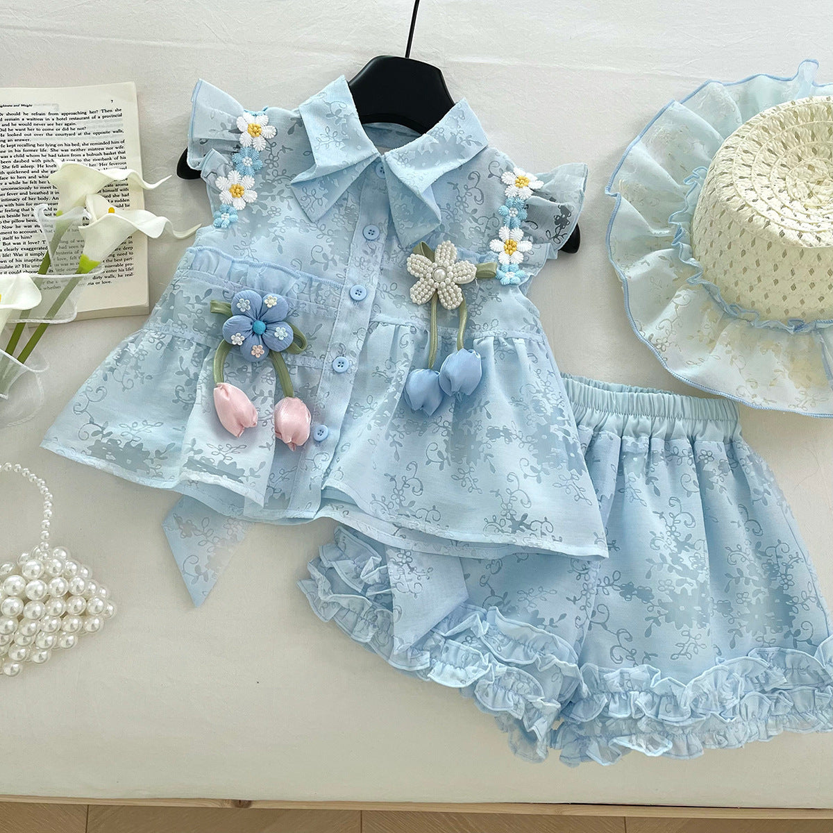 Sky Blue Floral Jacquard Top & Ruffle Shorts Set – TYM-WOP-001