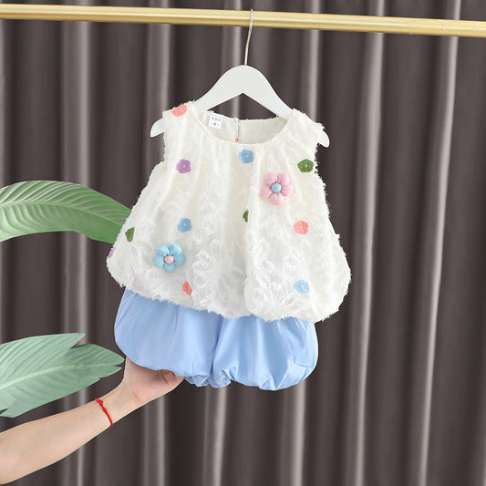 White Flower Appliqué Top and Blue Bubble Shorts Set – TYM-WTC-001