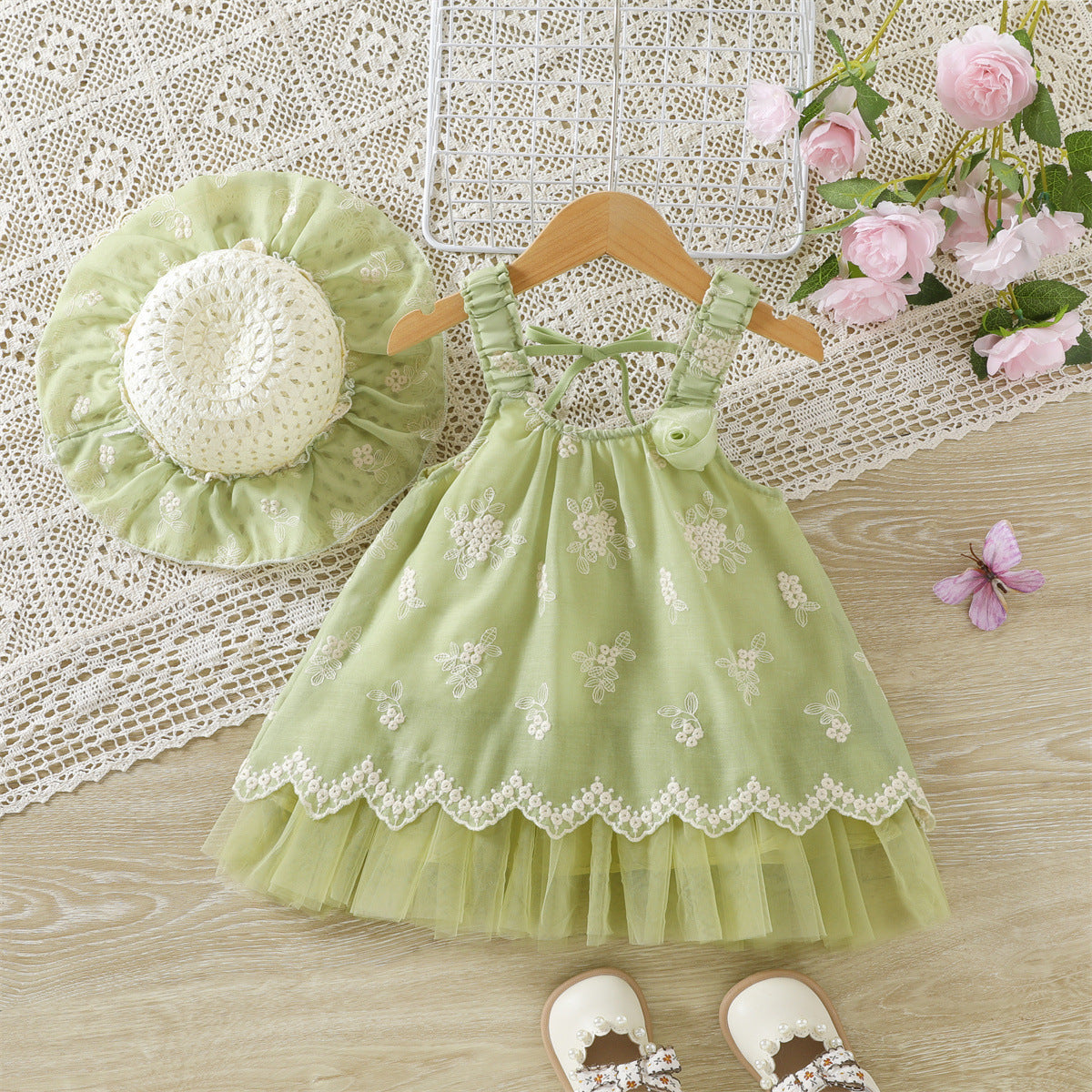 Sage Green Floral Embroidered Tulle Hem Sundress – TYM-WZX-030