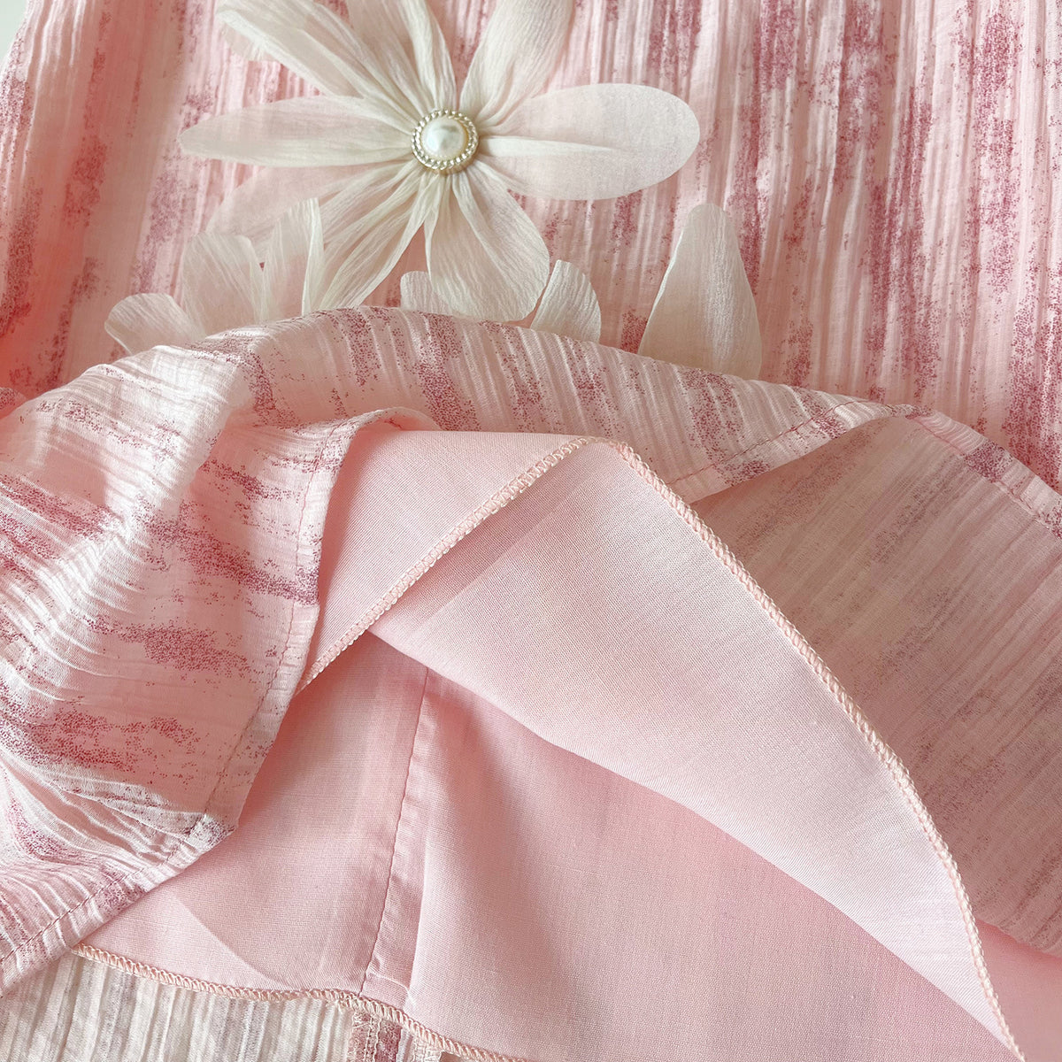 Pink Pleated 3D Pearl Flower A-Line Dress – TYM-YWL-045