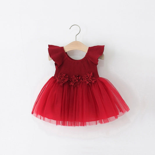 Red Ribbed Flutter Sleeve Tulle Frock – TYM-TZO-009