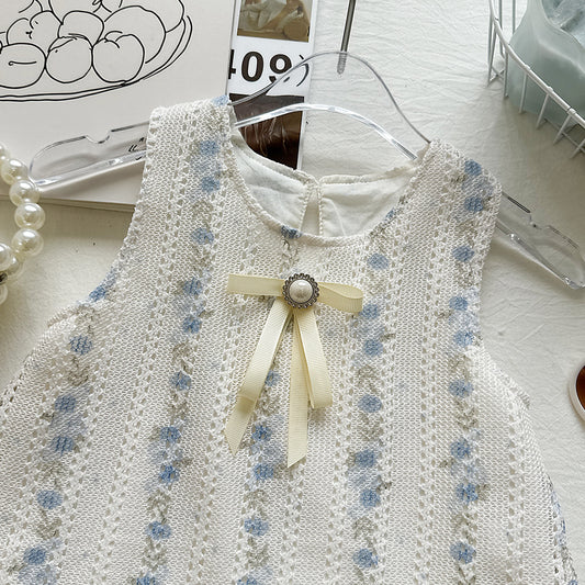 White and Blue Floral Lace Ribbon Bow Frock – TYM-YWL-058