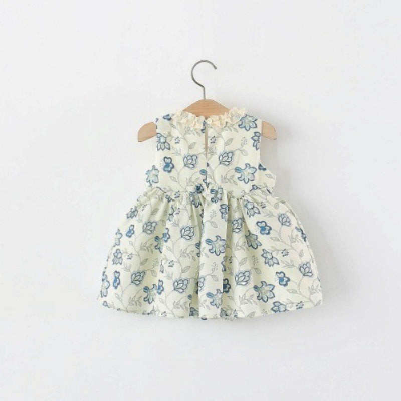 Cream Blue Floral Embroidered Sleeveless Frock – TYM-TZO-021