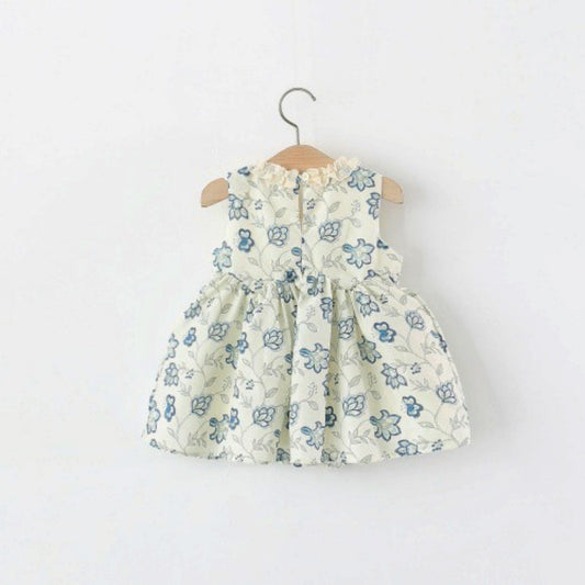 Cream Blue Floral Embroidered Sleeveless Frock – TYM-TZO-021