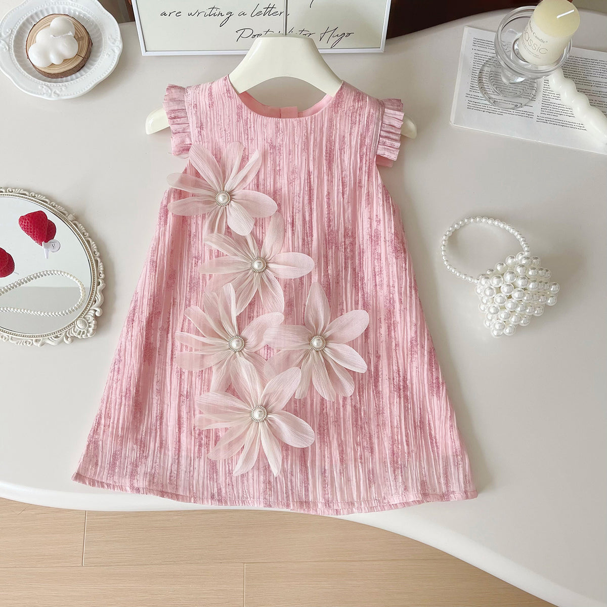 Pink Pleated 3D Pearl Flower A-Line Dress – TYM-YWL-045