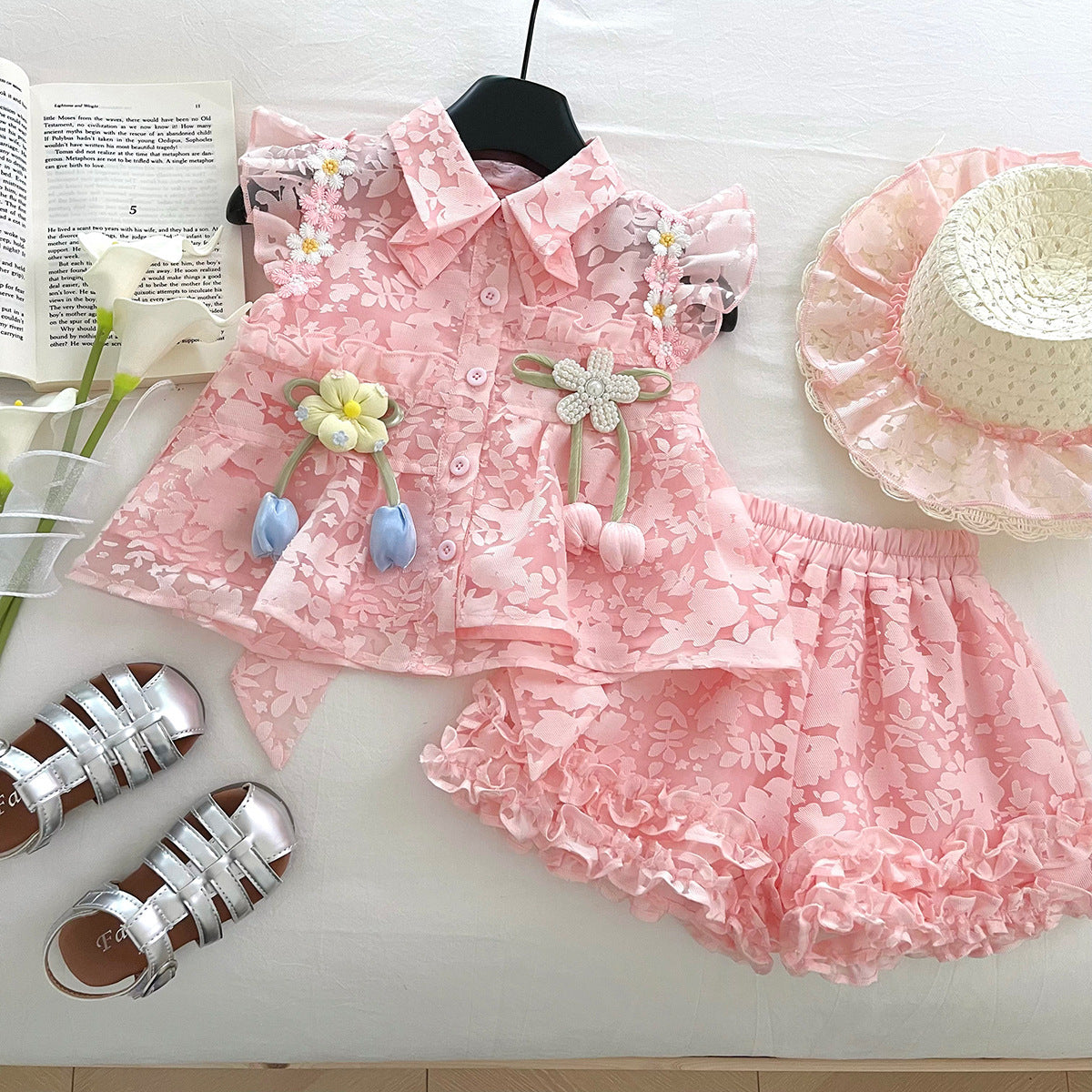 Pink Floral Jacquard Top & Ruffle Shorts Set – TYM-WOP-002