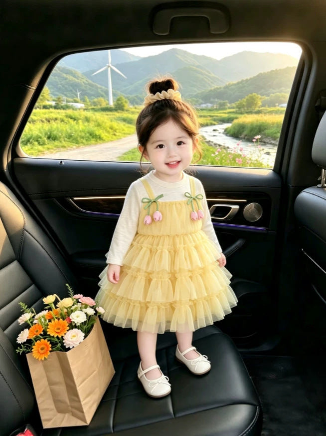 Lemon Yellow Tulip Bow Tiered Tulle Frock – TYM-CXM-081