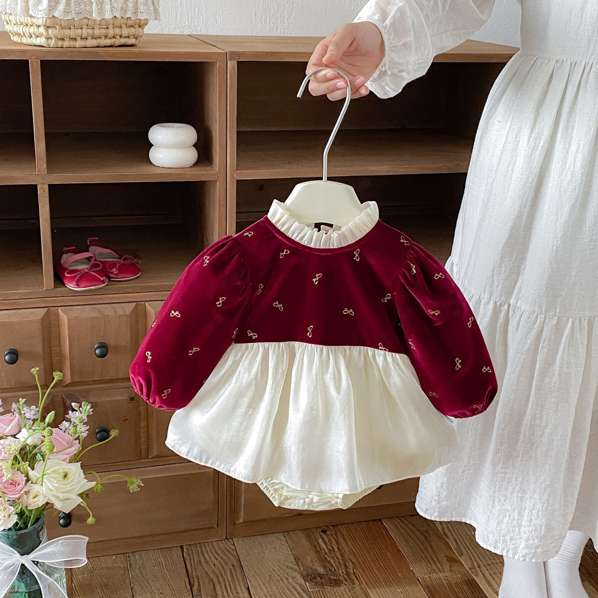 Wine Red Velvet Bow Print Skirted Romper – TYM-FCN-006