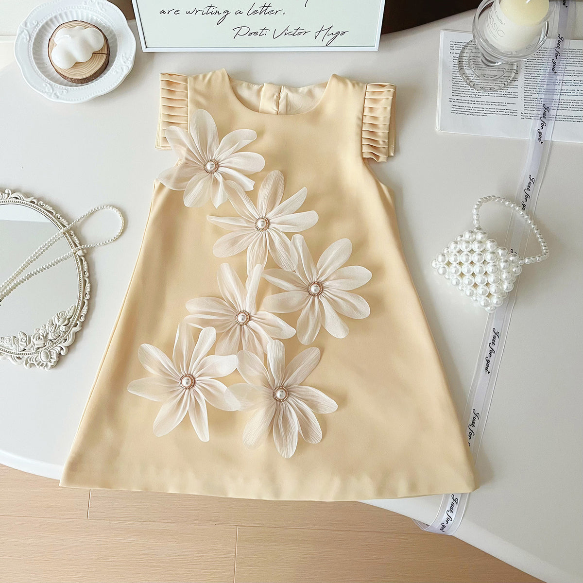 Beige 3D Pearl Flower A-Line Dress – TYM-YWL-064