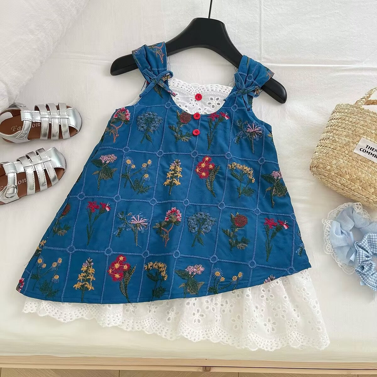Blue Botanical Pinafore with White Eyelet Dress Set – TYM-YWL-060