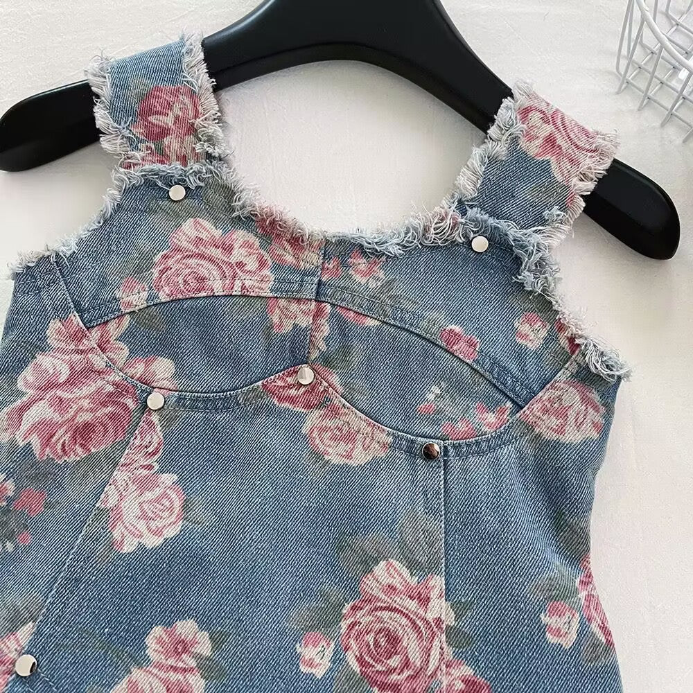 Blue Rose Print Frayed Denim-Look Vest Top – TYM-YWL-038