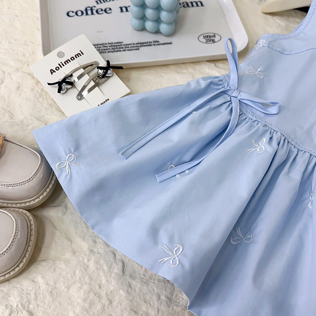 Sky Blue Bow Embroidered Sleeveless Frock – TYM-YWL-005