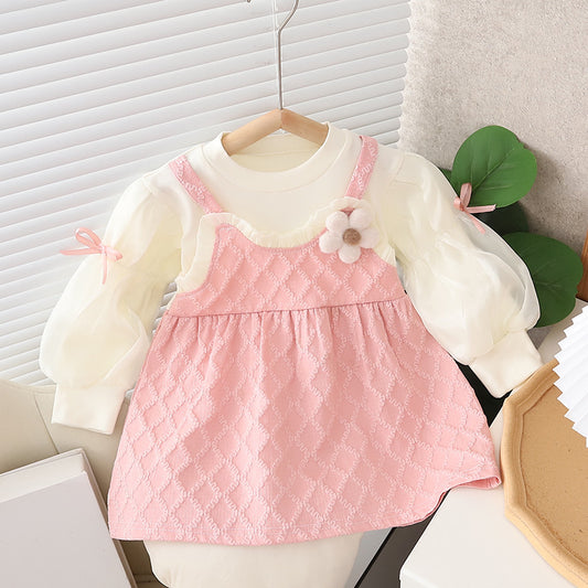 Pink Quilted Pinafore Flower Frock – TYM-CXM-056