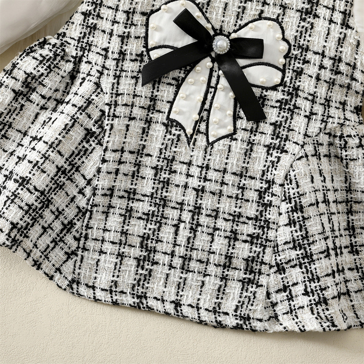 White Tweed Pearl Bow Long Sleeve Frock – TYM-WZX-047