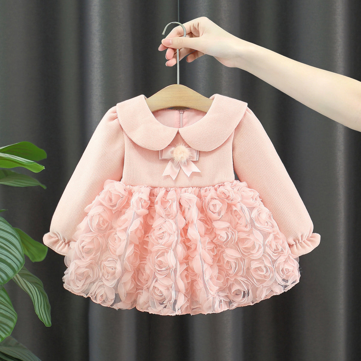 Pink Rosette Long Sleeve Winter Frock – TYM-WZX-060