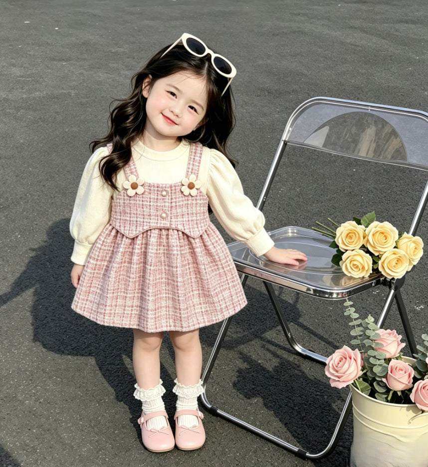 Pink Tweed Pinafore Flower Frock – TYM-CXM-039