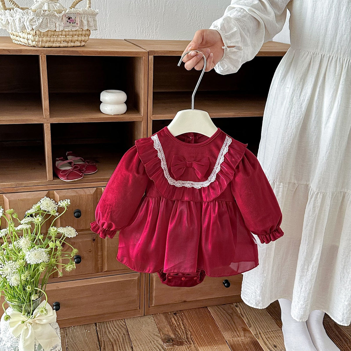 Wine Red Ruffle Bib Skirted Romper – TYM-FCN-008