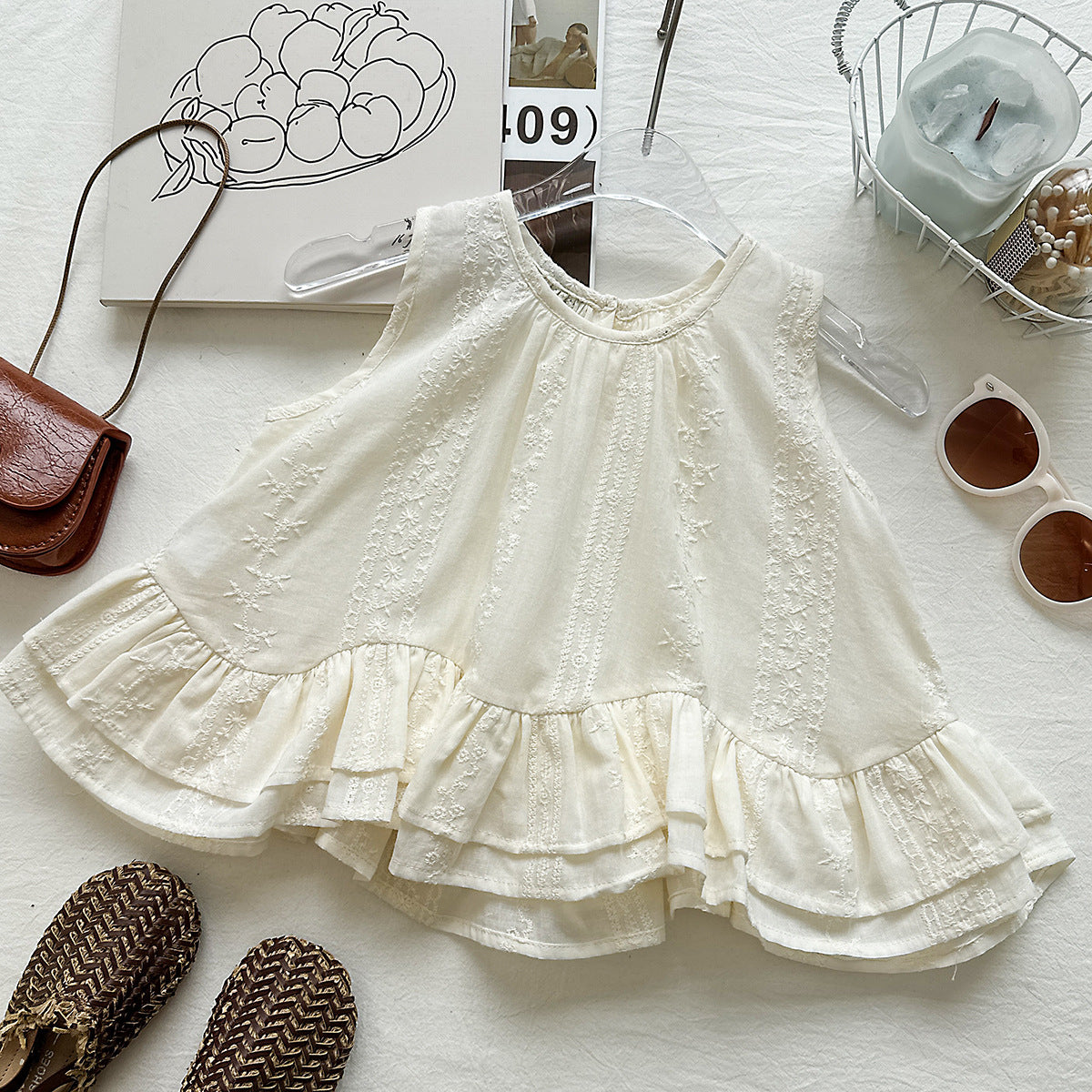 Cream Embroidered Ruffle Top and Blue Shorts Set – TYM-YWL-028