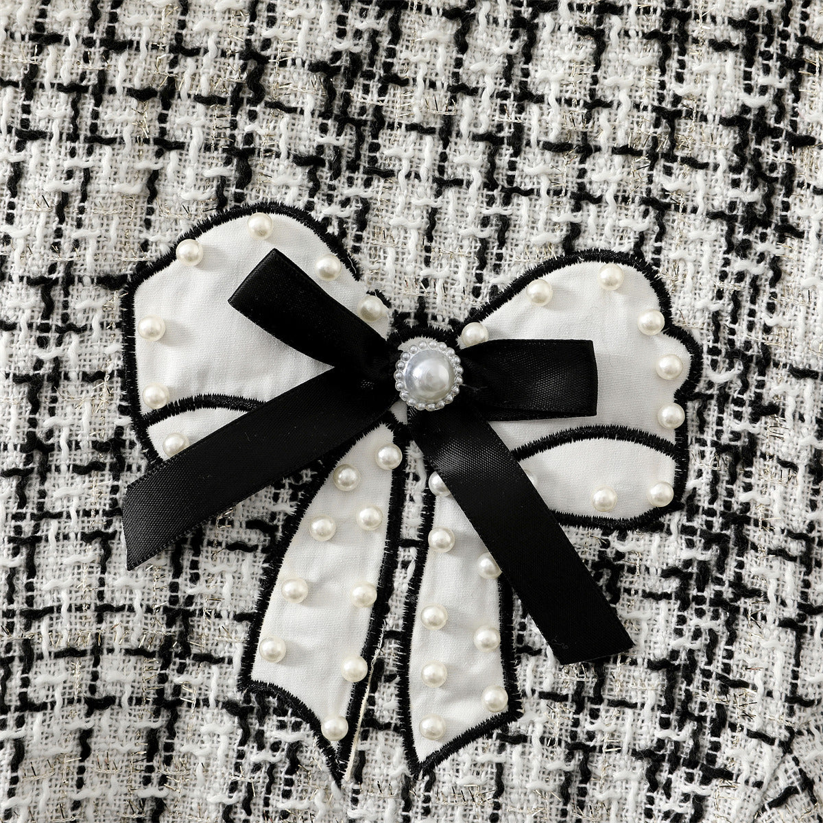 White Tweed Pearl Bow Long Sleeve Frock – TYM-WZX-047