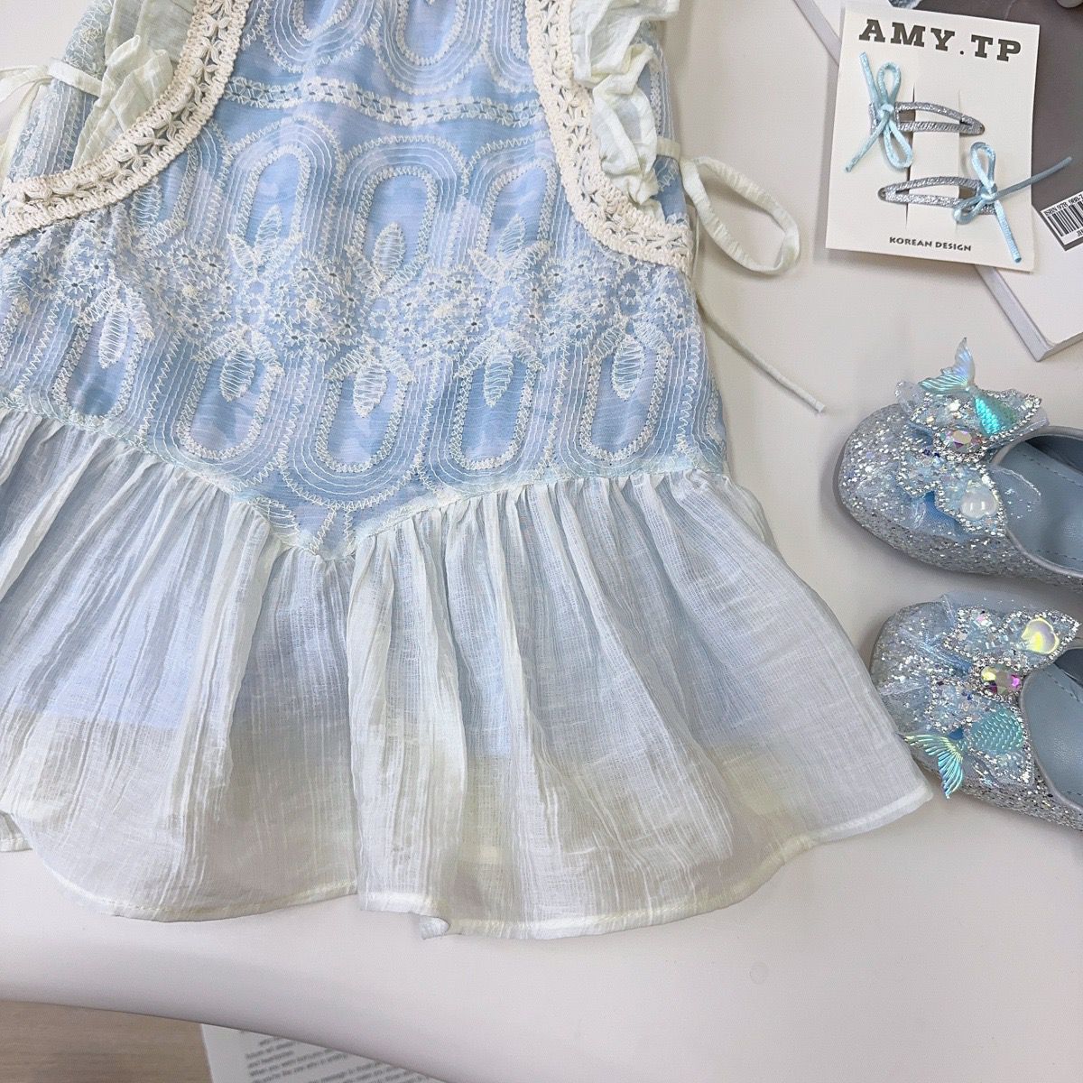 Blue Embroidered Dress with White Sheer Overlay – TYM-YWL-035