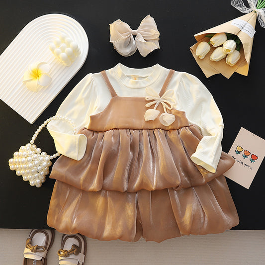 Caramel Satin Tiered Bubble Frock – TYM-CXM-079