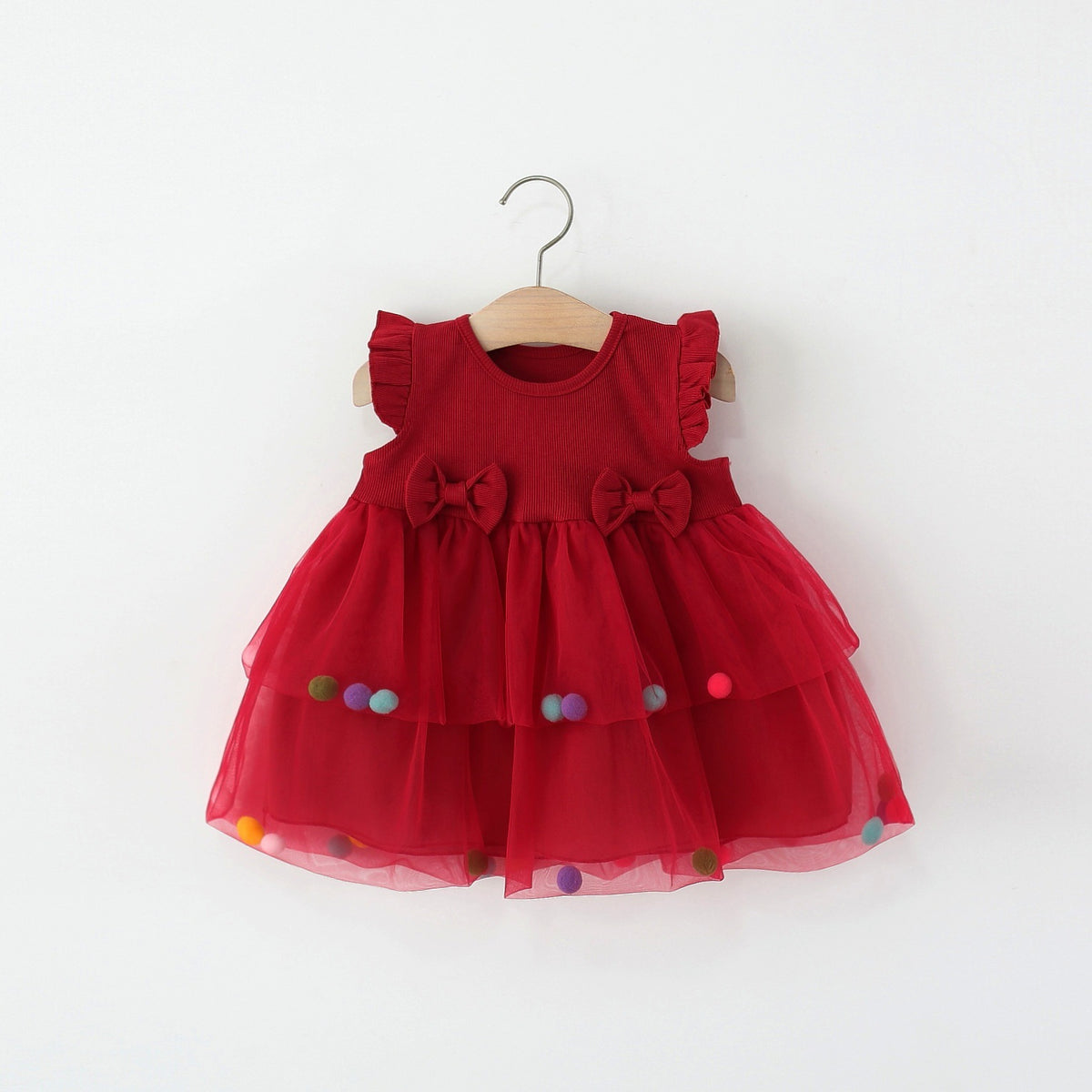 Red Pom-Pom Tiered Tulle Frock – TYM-TZO-010