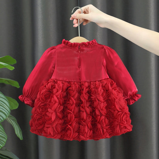 Red Rosette Pearl Bow Long Sleeve Frock – TYM-WZX-064