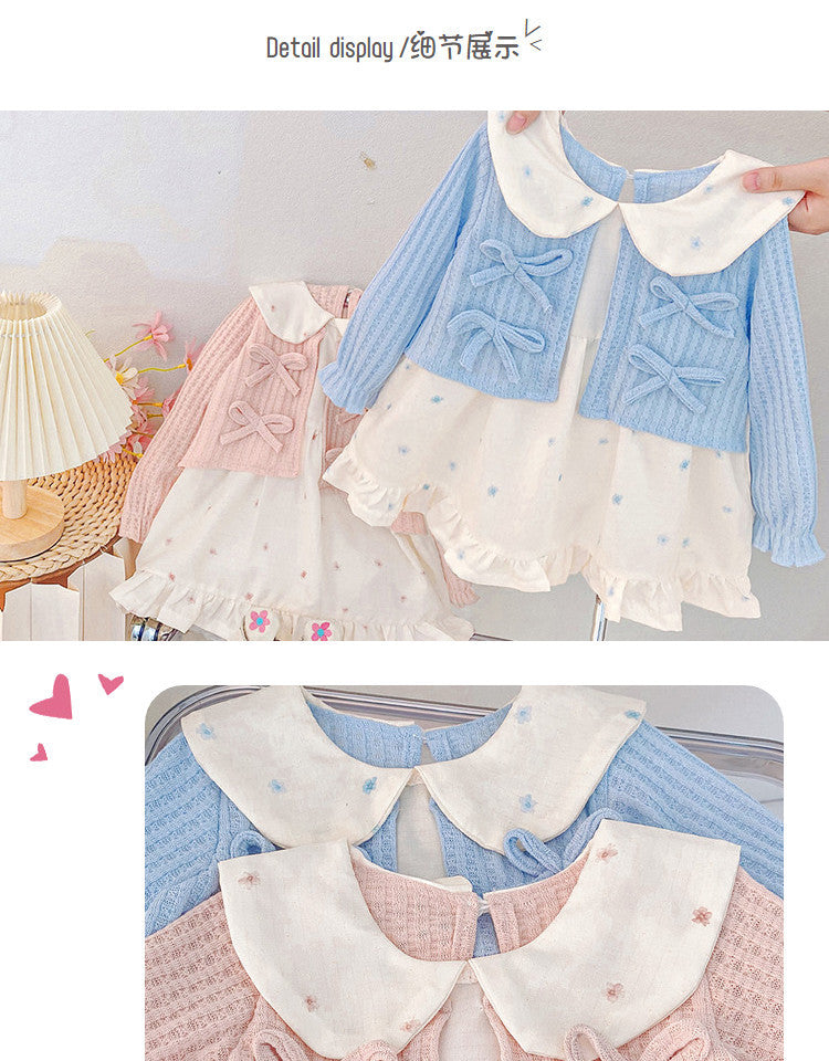 Sky Blue Bow Cardigan & Cream Dotted Frock – TYM-CXM-064