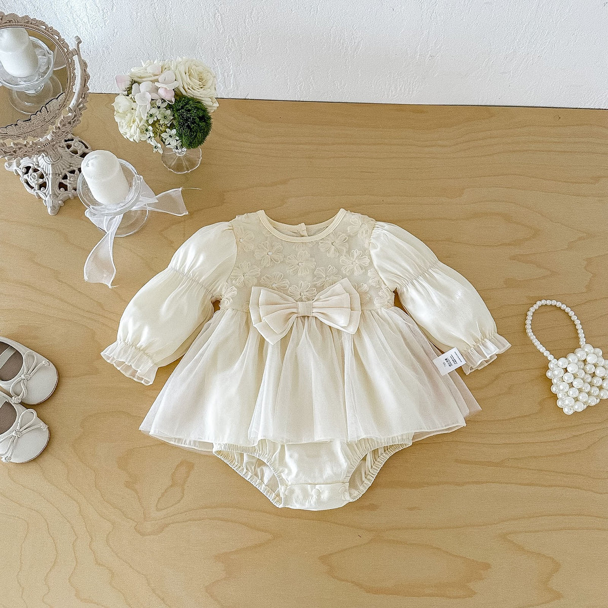 Apricot 3D Flower Bow Skirted Romper – TYM-FCN-012