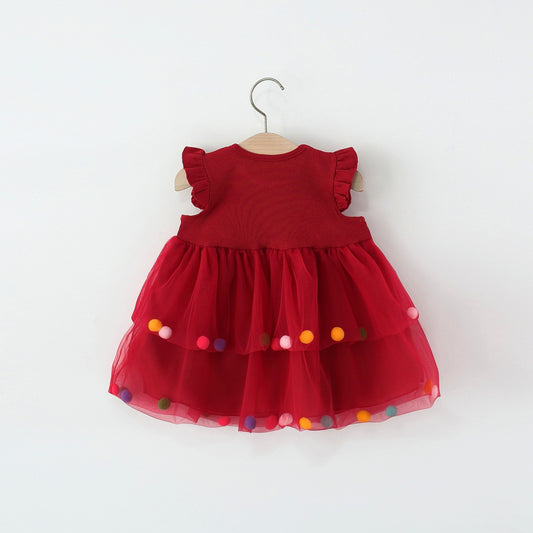 Red Pom-Pom Tiered Tulle Frock – TYM-TZO-010
